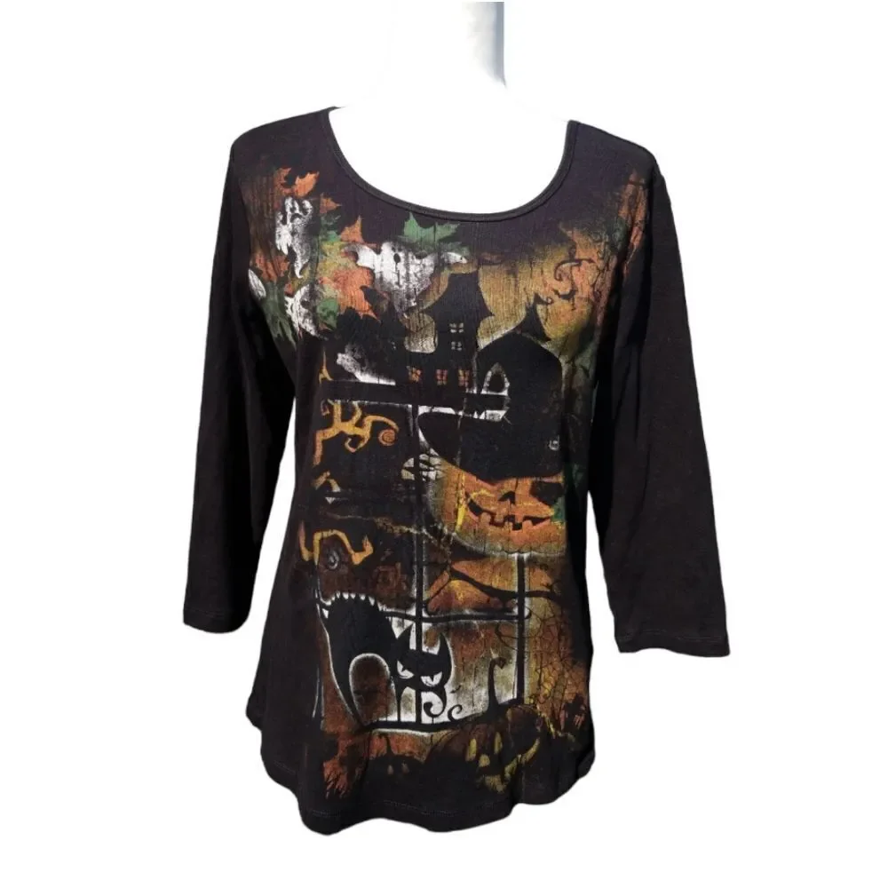 Christopher Banks 3/4 Sleeve Black Fall Halloween Graphic Tee Size Medium - Picture 7 of 7